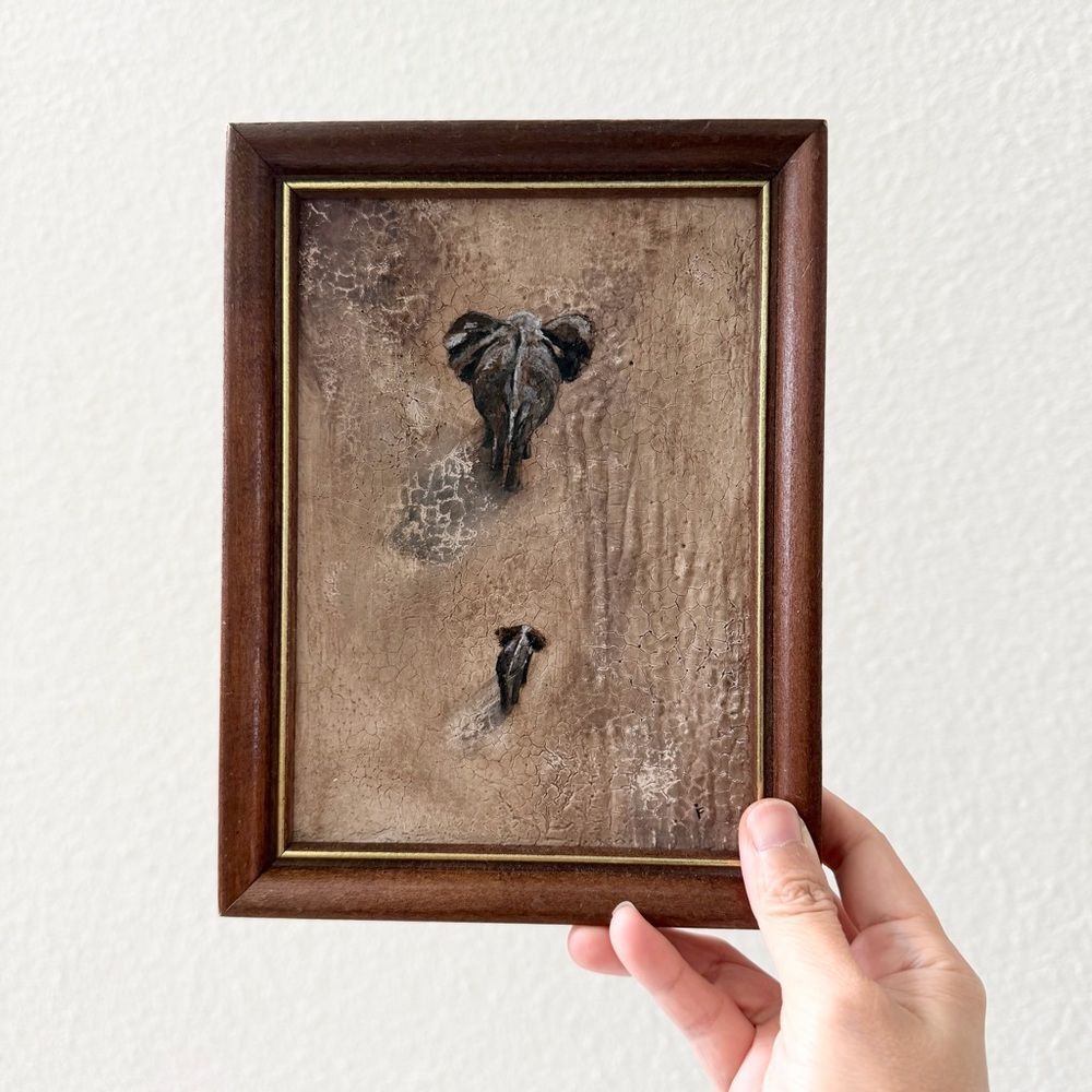 Original Acrylic Painting Elephant Mom & Cub Desert Textured Cracked Nursery
